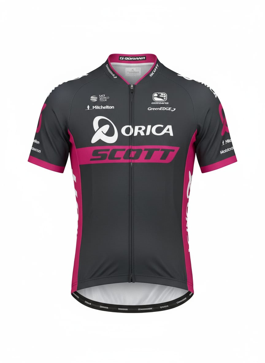 Front studio view of the charcoal gray Orica-Scott short-sleeve cycling jersey, highlighting the prominent white Orica and pink SCOTT logos across the chest with bright pink side panels.