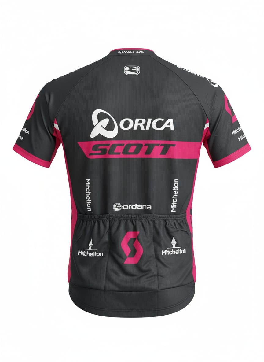 Rear studio view of the Orica-Scott cycling jersey in charcoal gray and pink, showing the continuing team branding, vertical sponsor logos, and three lower elastic utility pockets.