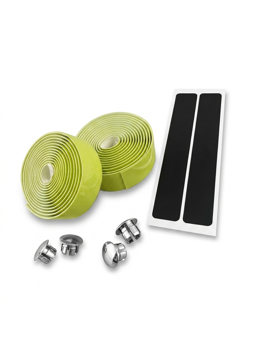 Premium high-visibility neon lime green bicycle handlebar tape rolls with a glossy micro-diamond texture pattern as shown in image, displayed next to metallic chrome bar end plugs and black adhesive finishing strips on a clean white background.
