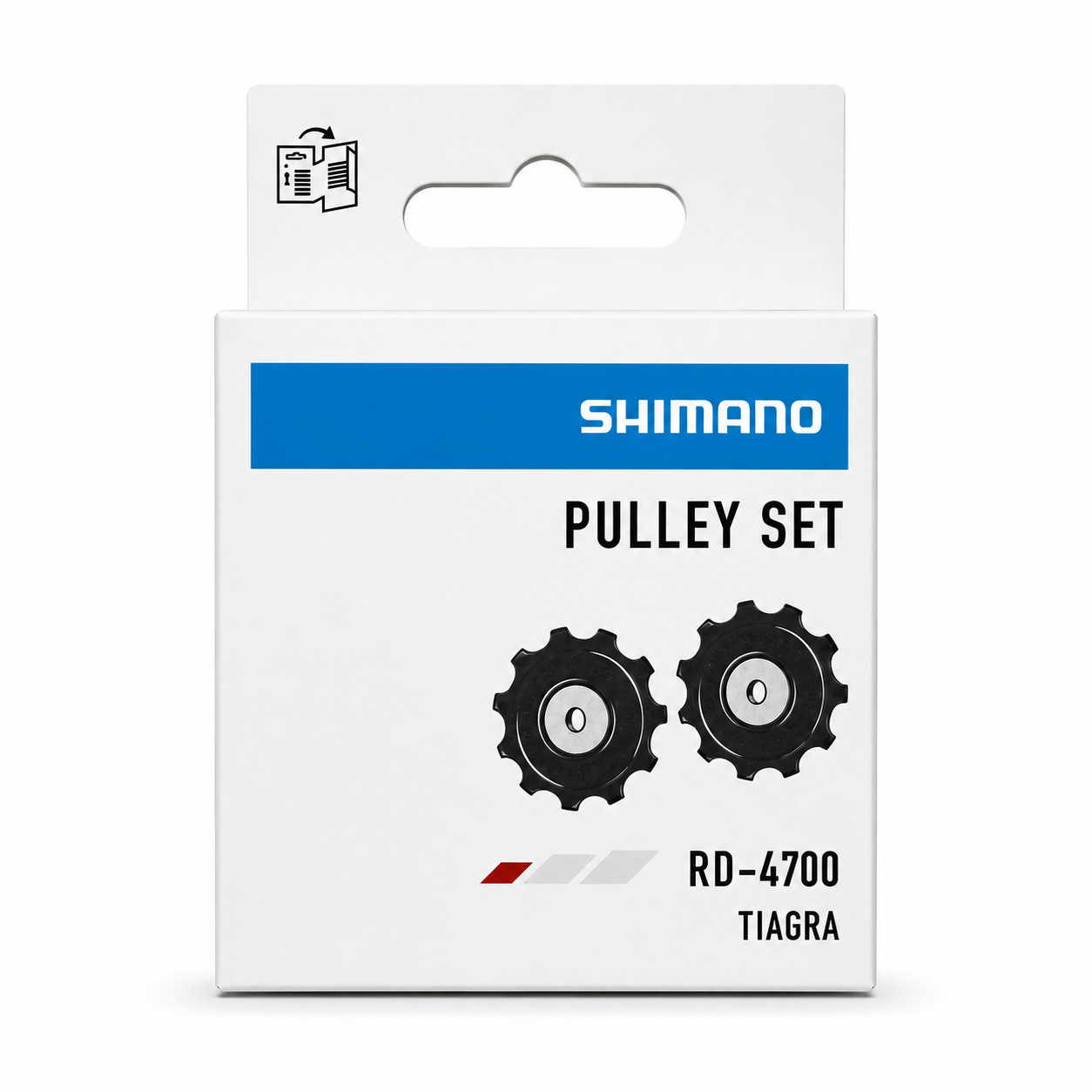 Genuine Shimano Tiagra RD-4700 rear derailleur replacement pulley set containing two black resin jockey wheels, packaged in a white and blue Shimano retail box.
