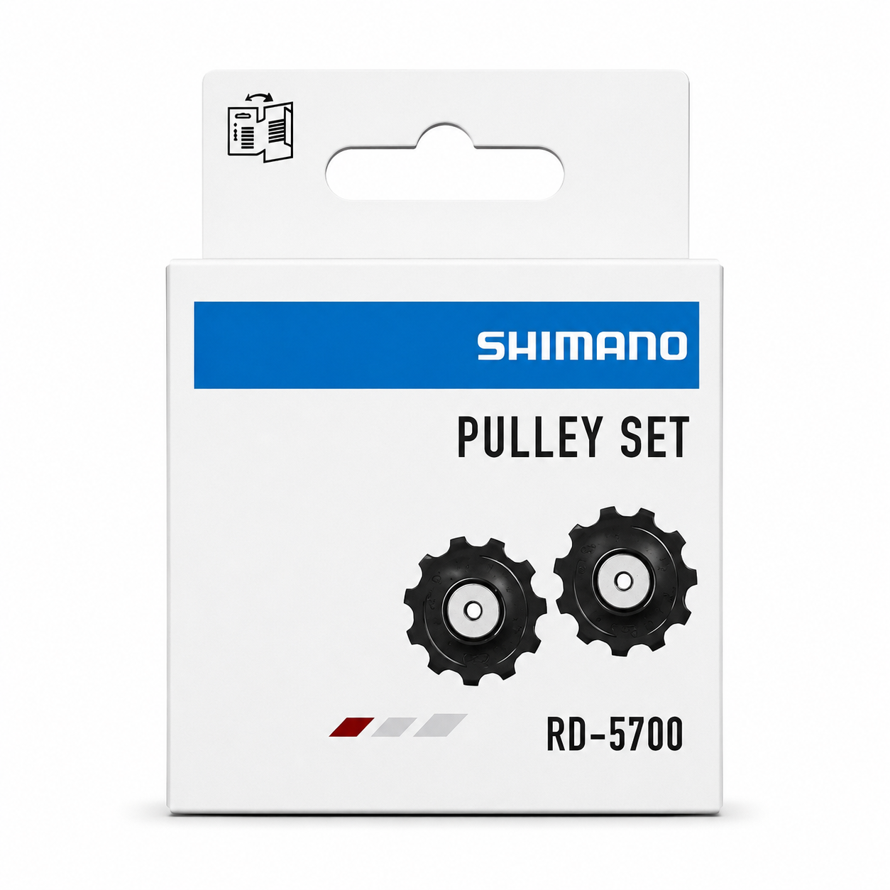 Genuine Shimano 105 RD-5700 10-speed rear derailleur replacement pulley set showing two black composite jockey wheels, displayed in its official white and blue Shimano retail packaging box.