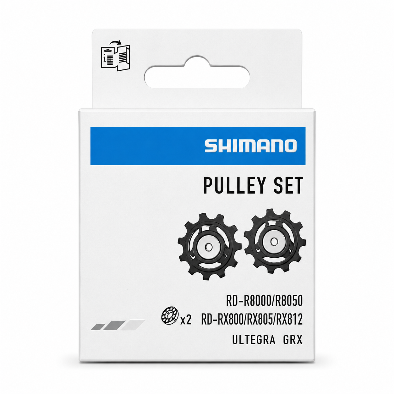 Genuine Shimano Ultegra and GRX replacement rear derailleur pulley set featuring two black composite jockey wheels with sealed cartridge bearings, inside a white and blue Shimano retail box.