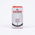 Front view of the white and red retail box packaging for a Ralson bicycle inner tube, featuring text stating it is made from imported butyl rubber.