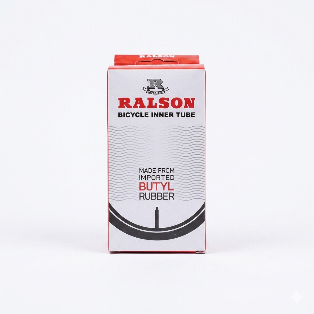 Front view of the white and red retail box packaging for a Ralson bicycle inner tube, featuring text stating it is made from imported butyl rubber.