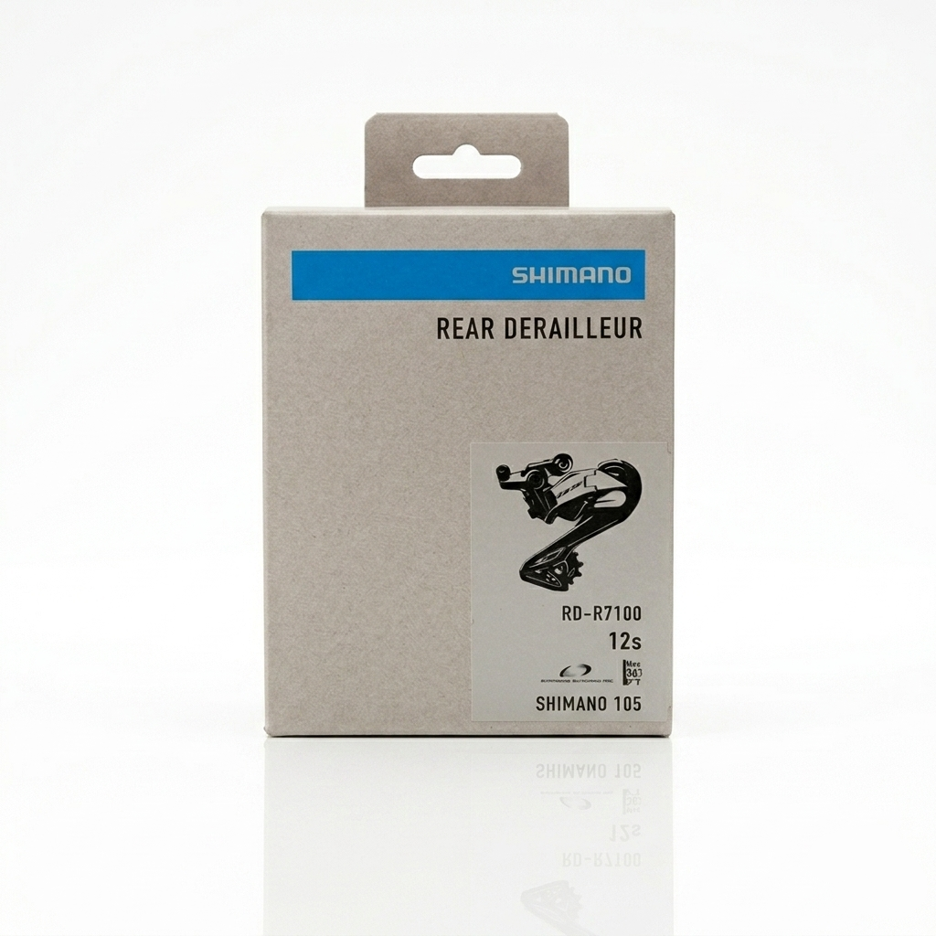 Shimano 105 RD-R7100 12-speed mechanical road rear derailleur shown in its sustainable, eco-friendly grey cardboard retail box with a product label sticker on the front.