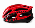 A side profile view of a streamlined road cycling helmet featuring a glossy crimson red outer shell with sharp black racing stripes and a black lower trim, revealing a textured black EPS foam liner and internal air ventilation channels, set against a clean white background