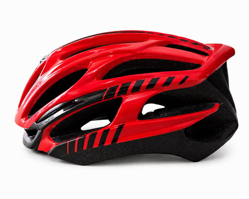 A side profile view of a streamlined road cycling helmet featuring a glossy crimson red outer shell with sharp black racing stripes and a black lower trim, revealing a textured black EPS foam liner and internal air ventilation channels, set against a clean white background