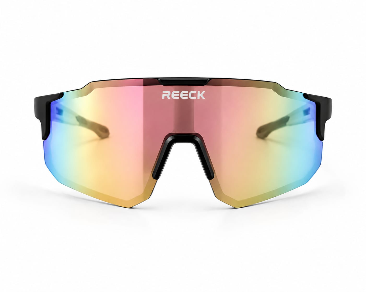 Front view of REECK Prism half-frame sports sunglasses featuring a geometric matte black brow bar and a rimless-bottom shield lens shifting from rose gold to pastel yellow and blue.
