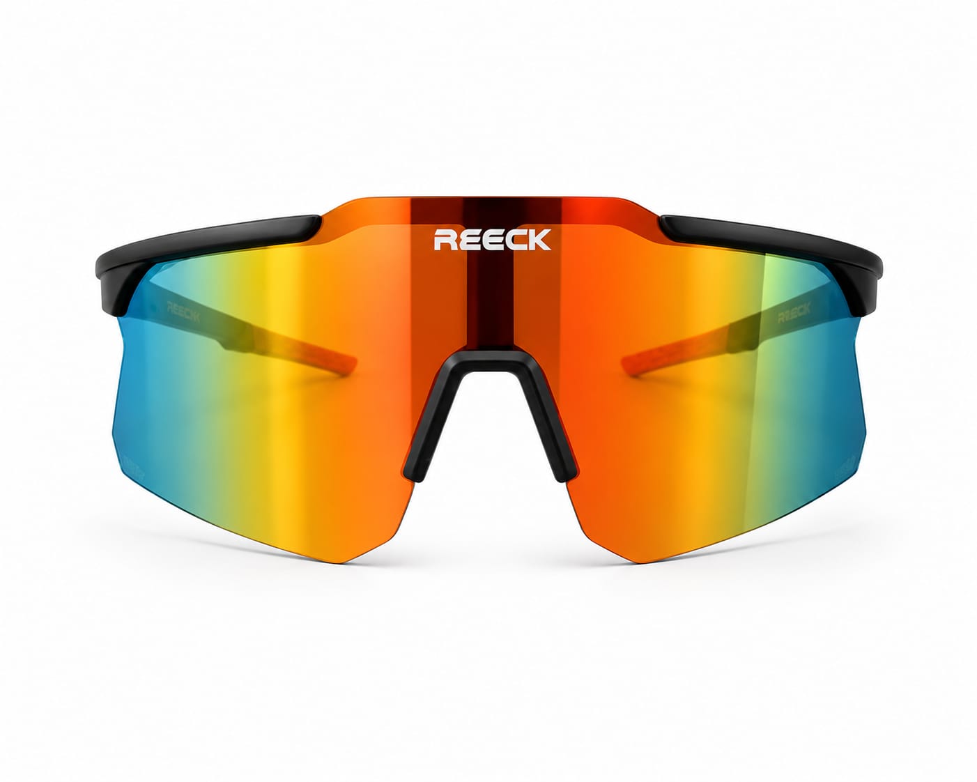Front view of REECK sports sunglasses featuring a semi-rimless matte black frame, iridescent fire red, orange, and gold Revo shield lens, and a black nose piece against a white background.