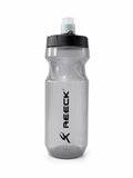 Reeck 550ml cycling water bottle in translucent smoke grey, featuring a black geometric grip neck, black vertical Reeck logo, and a clear push-pull valve nozzle.