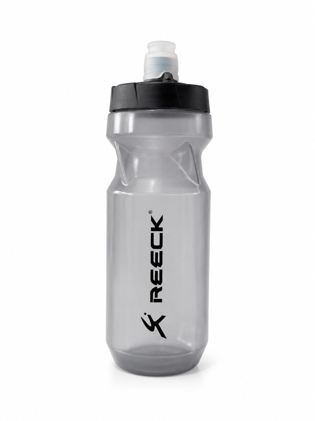 Reeck 550ml cycling water bottle in translucent smoke grey, featuring a black geometric grip neck, black vertical Reeck logo, and a clear push-pull valve nozzle.