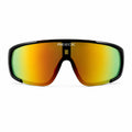 Front view of REECK Ignite full-frame sports sunglasses featuring a glossy black frame and a fluid, rounded shield lens with an iridescent fire gold, orange, and green mirror finish.