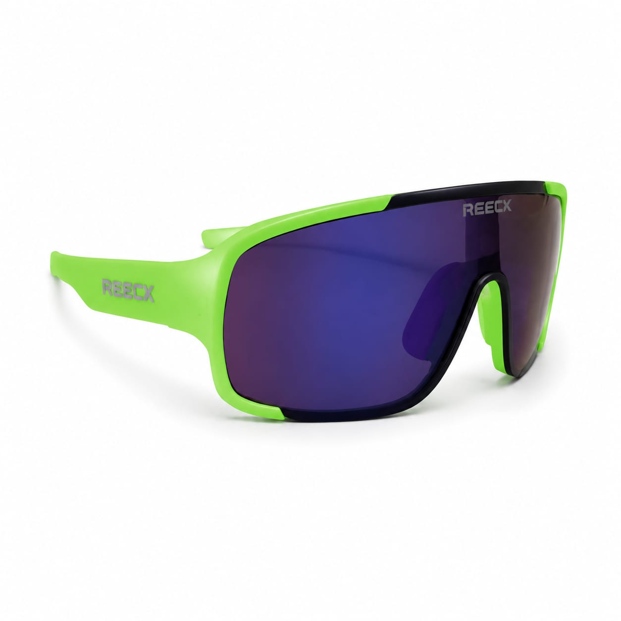 Three-quarter side view of REECX Horizon full-frame sports sunglasses featuring thick matte lime green temple arms, a black brow bar, and an oversized wrapped shield lens with a deep violet and blue mirror coating.