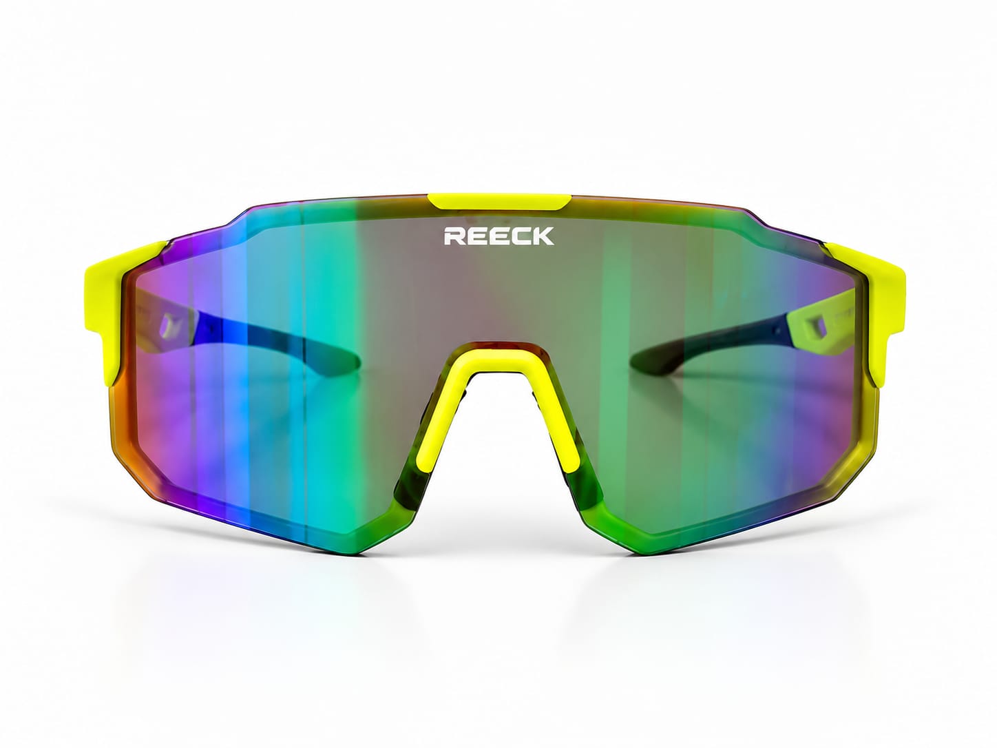 Front view of REECK Prism half-frame sports sunglasses featuring high-visibility neon yellow frame accents and an angular, rimless-bottom shield lens shifting from forest green to violet.