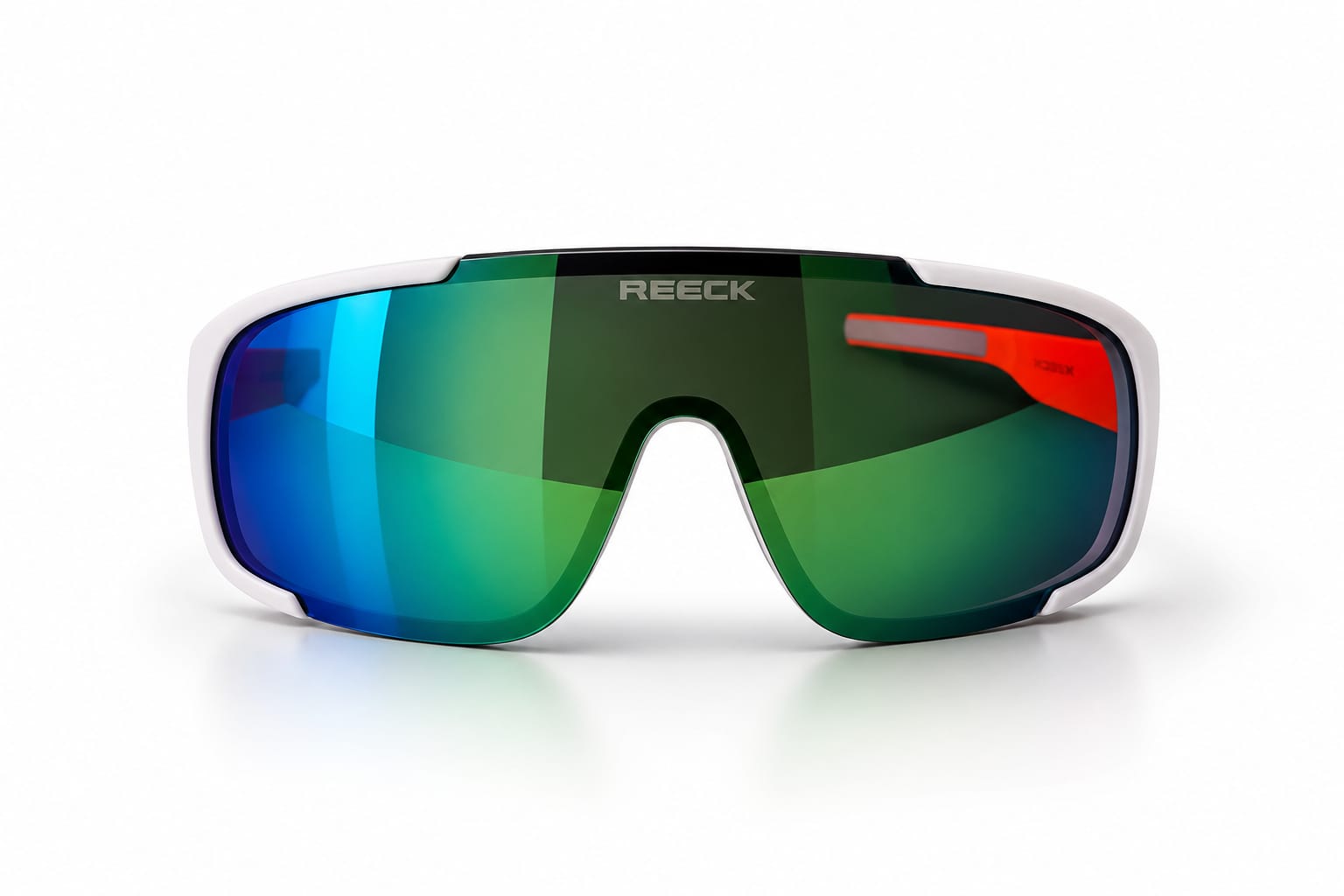 Front view of REECK Ignite full-frame sports sunglasses featuring a white and black frame, bright orange inner temples, and a rounded wrap shield lens with an iridescent jade green and blue mirror coating.