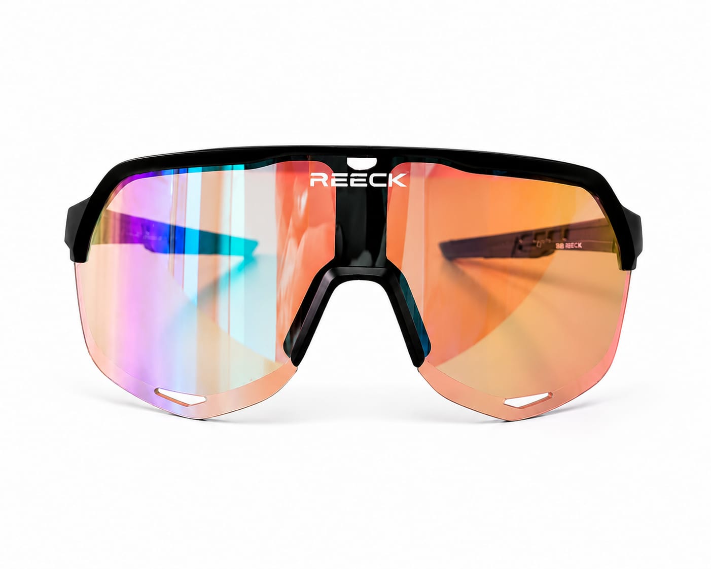 Front view of REECK AeroShield performance sports sunglasses with a black frame and an oversized, iridescent crimson and orange mirrored shield lens with anti-fog vents.