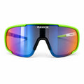Front view of REECK AeroShield full-frame sports sunglasses featuring a lime green and black frame, white accent arms, and a large wrap shield lens with an iridescent cosmic blue, violet, and orange mirror coating.
