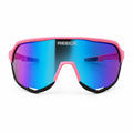 Front view of REECK sports sunglasses featuring a neon pink wraparound frame, high-definition blue and purple Revo shield lens, and black lower trim against a clean white background.