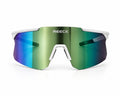 Front view of REECK sports sunglasses featuring a semi-rimless white upper frame, a large metallic emerald green and blue Revo shield lens, and a white nose bridge piece against a clean white background.