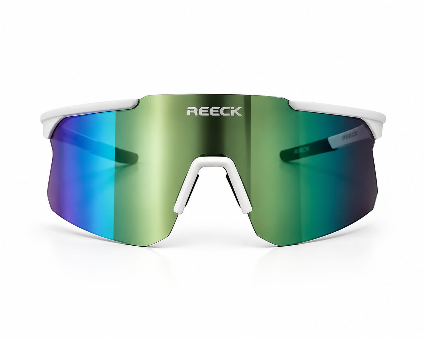 Front view of REECK sports sunglasses featuring a semi-rimless white upper frame, a large metallic emerald green and blue Revo shield lens, and a white nose bridge piece against a clean white background.