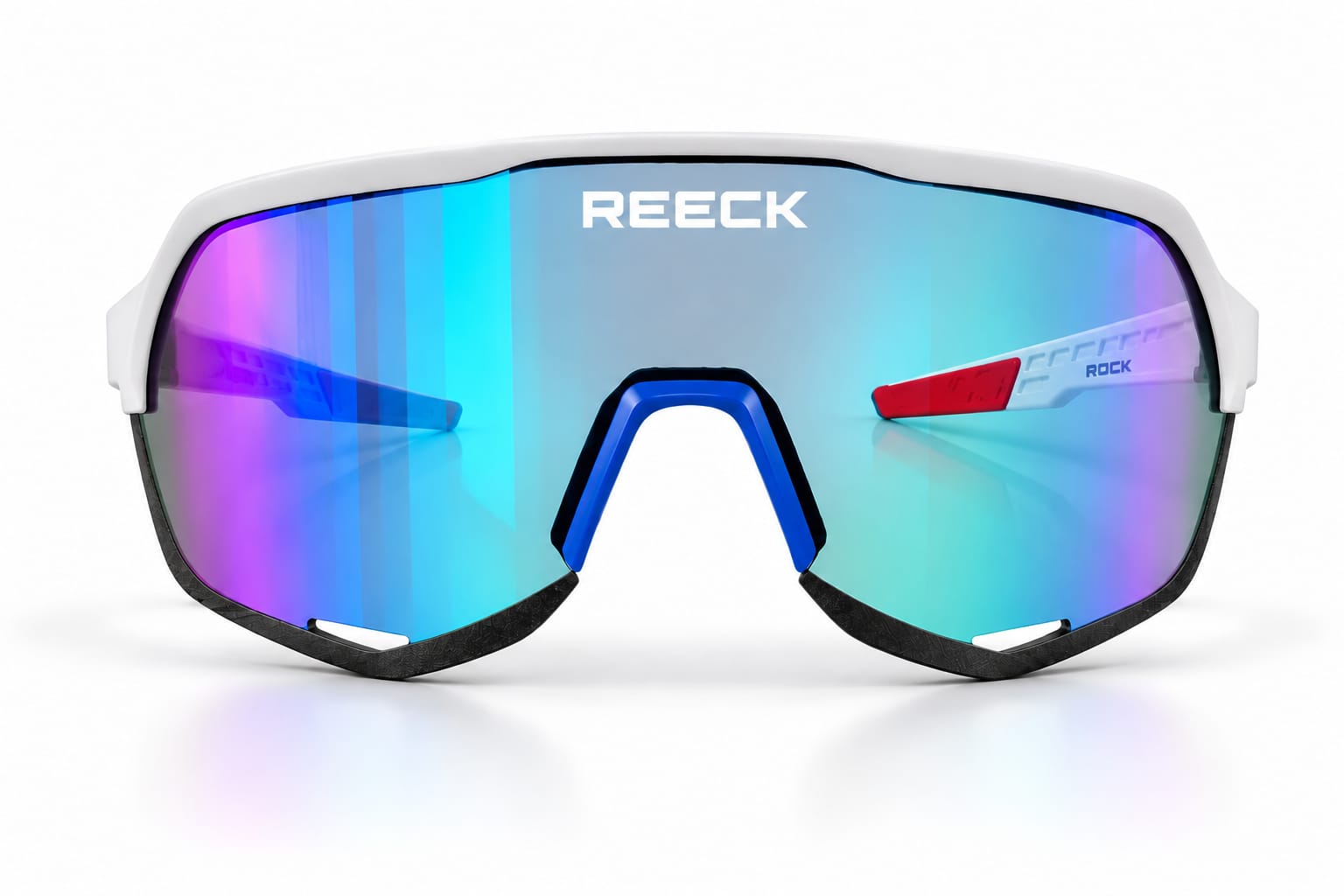 Front view of REECK AeroShield full-frame sports sunglasses featuring a white top frame, blue nose bridge, carbon-textured lower rims, and a large shield lens shifting from turquoise to purple.