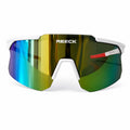 Front view of REECK Velocity half-frame sports sunglasses featuring an arctic white top frame, a white nose piece, and an expansive rimless-bottom shield lens with an iridescent gold, jade green, and blue mirror coating.