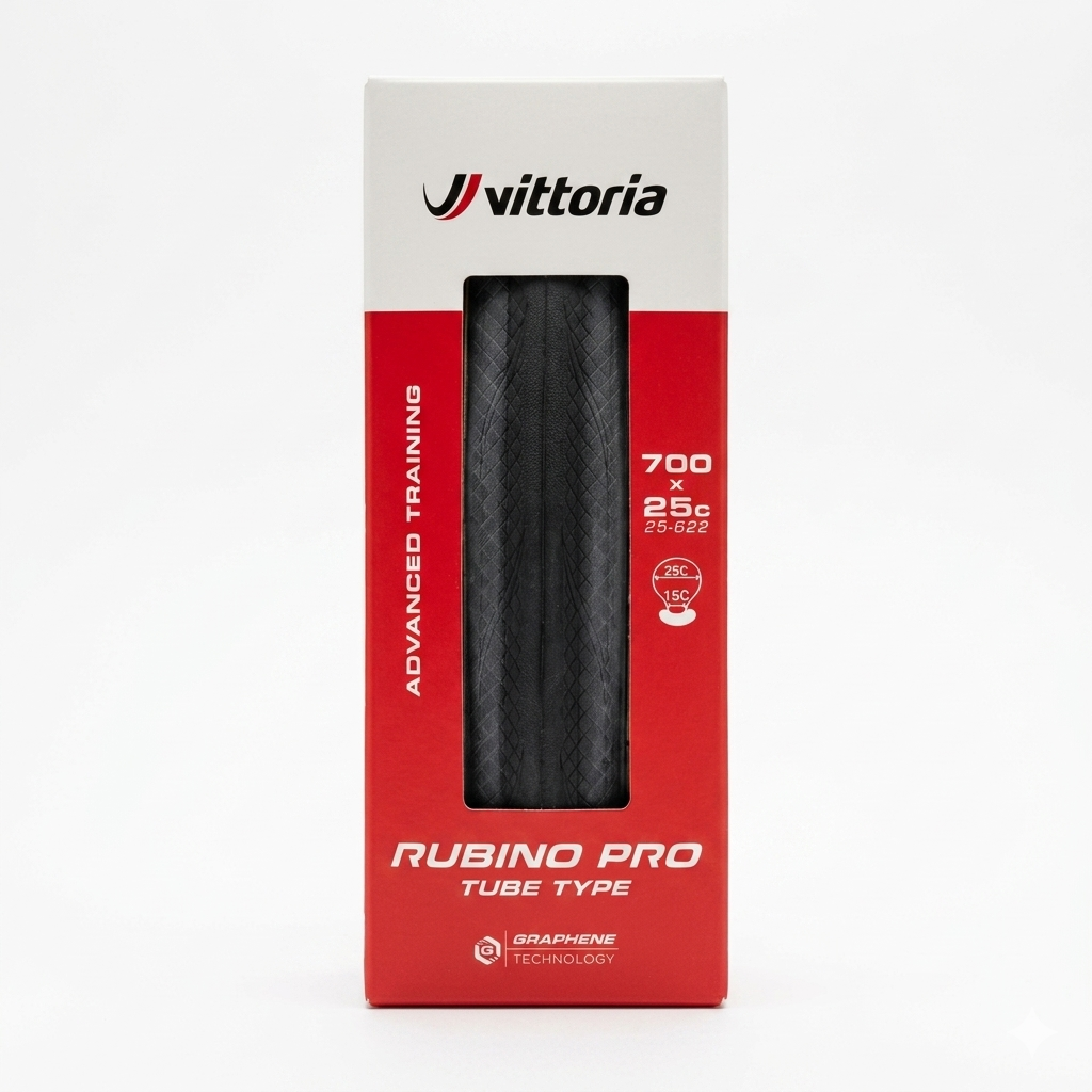 Front view of the vertical white and red retail box packaging for a Vittoria Rubino Pro folding road bike tire, showcasing the black textured tread pattern through the display window and detailing the 700 x 25c advanced training specification.