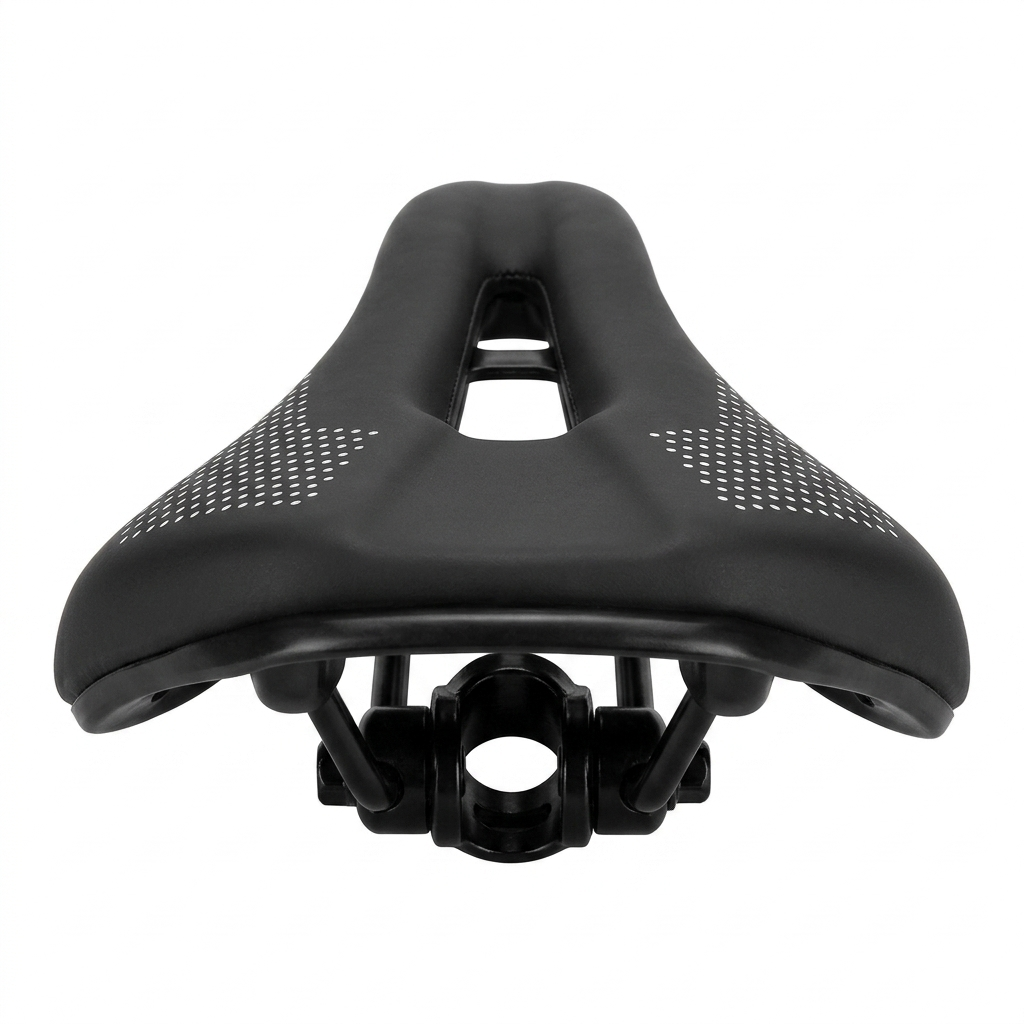 Side profile view of a black Selle Royal Wave Gel bicycle saddle showcasing its contoured wave shape, black steel mounting rails, and sleek ergonomic lines on a white background.