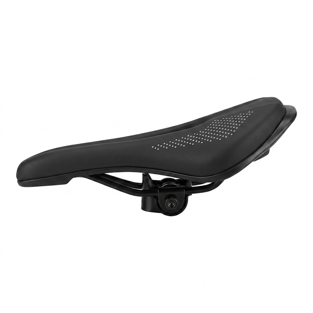 Rear-angled view of a black Selle Royal Wave bike saddle on a white background, displaying the brand logo plates on the side flanks and the integrated clip system slot below the base.