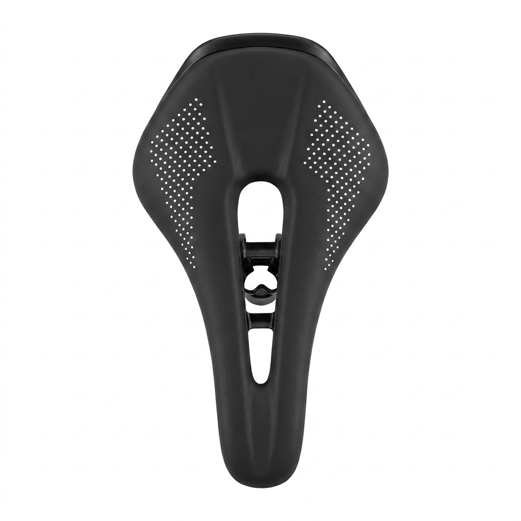 Top-down view of a wide, black Selle Royal Wave comfort bike saddle, highlighting the ergonomic center groove design and subtle textured panels on the rear sit-bone sections.