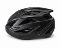 Side profile view of a solid gloss black Safety Labs cycling helmet featuring multiple deep aerodynamic cooling vents and a subtle black logo on a pure white background