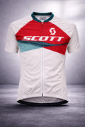 Front view of the Scott Racing Edition short sleeve cycling jersey in off-white with a large red and teal chest panel, full zipper, and teal collar.