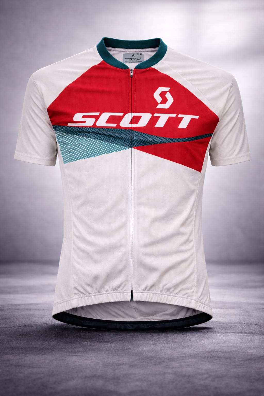 Front view of the Scott Racing Edition short sleeve cycling jersey in off-white with a large red and teal chest panel, full zipper, and teal collar.