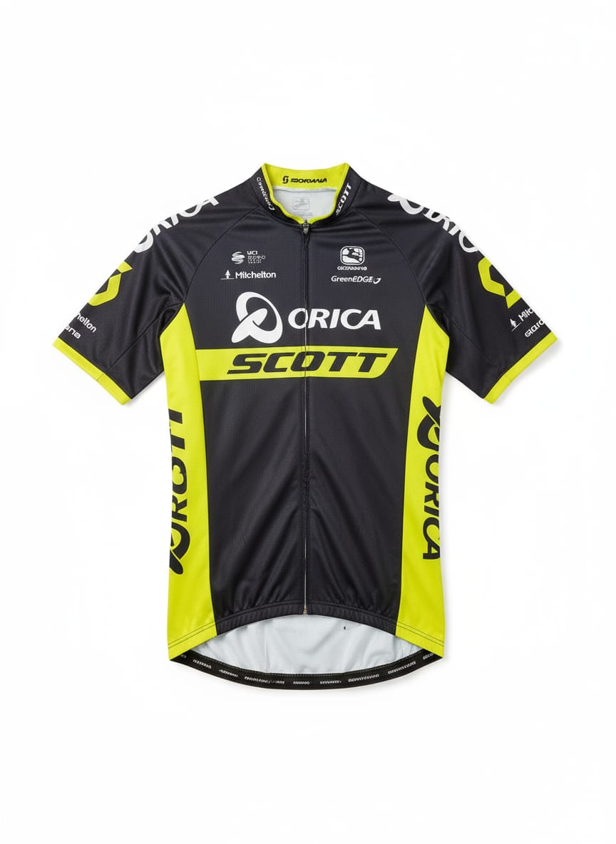 Front view of ORICA-SCOTT team replica short sleeve cycling jersey in black and lime green by Giordana