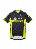 Front view of ORICA-SCOTT team replica short sleeve cycling jersey in black and lime green by Giordana