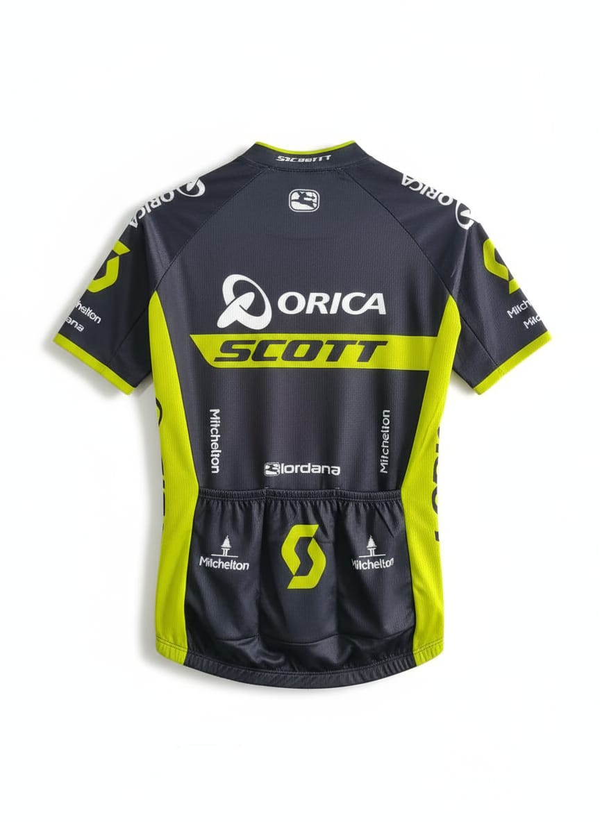 Back view of ORICA-SCOTT cycling jersey showing the triple storage pockets and official sponsor logos