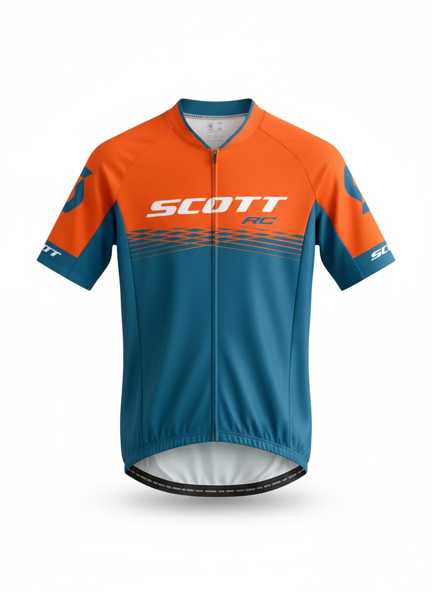 Front view of SCOTT RC short sleeve cycling jersey in orange and teal blue with full length zipper