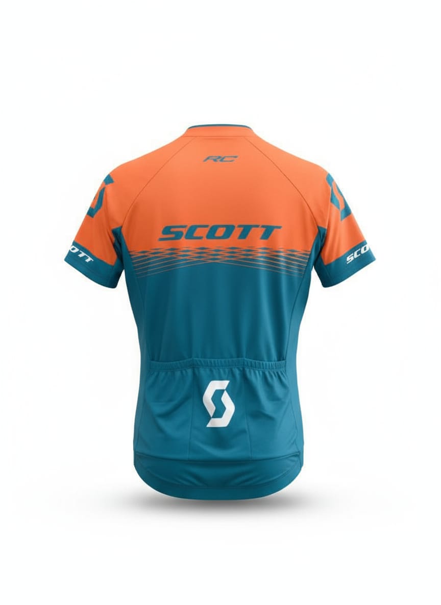Back view of SCOTT RC short sleeve cycling jersey showing triple rear storage pockets and white Scott logo