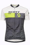 Front view of a men's RC short sleeve cycling jersey featuring a white top, gray bottom, and a split lime green chest panel with the Scott branding.