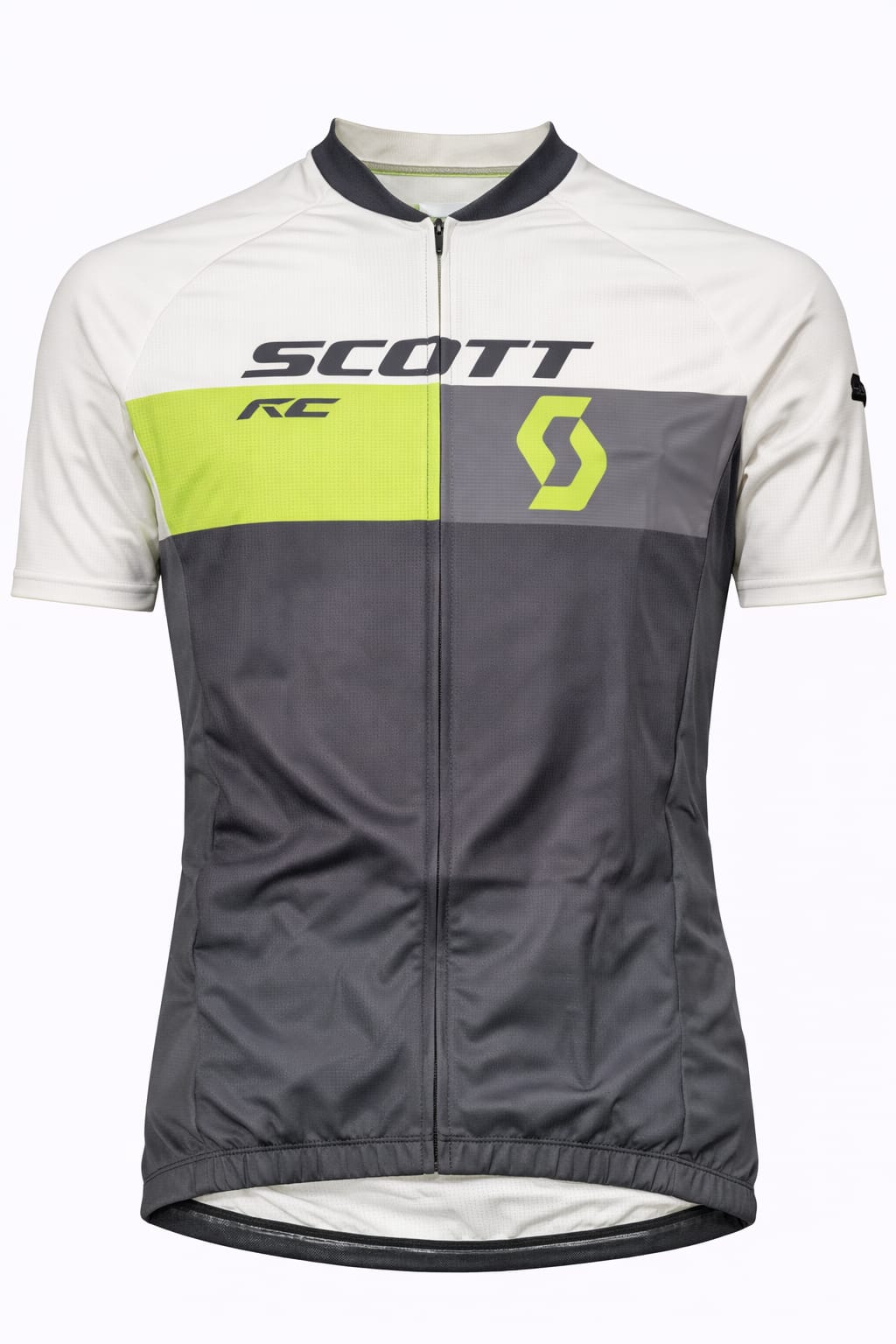 Front view of a men's RC short sleeve cycling jersey featuring a white top, gray bottom, and a split lime green chest panel with the Scott branding.