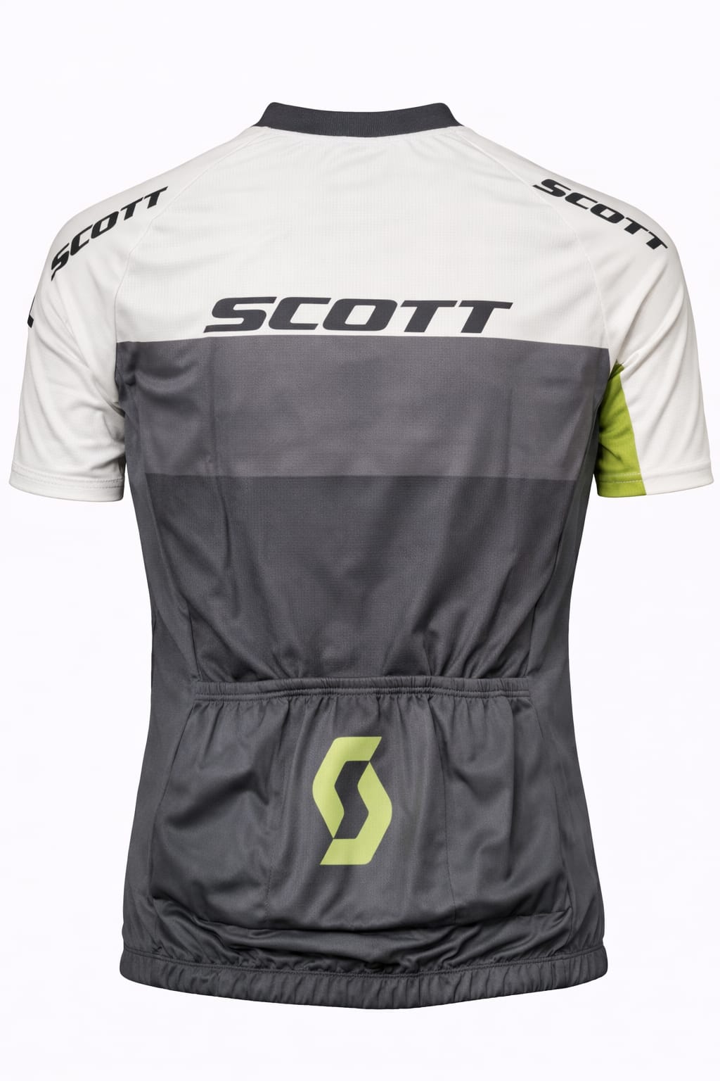 Back view of a white and gray short sleeve cycling jersey showing three rear pockets detailed with a lime green Scott logo emblem.