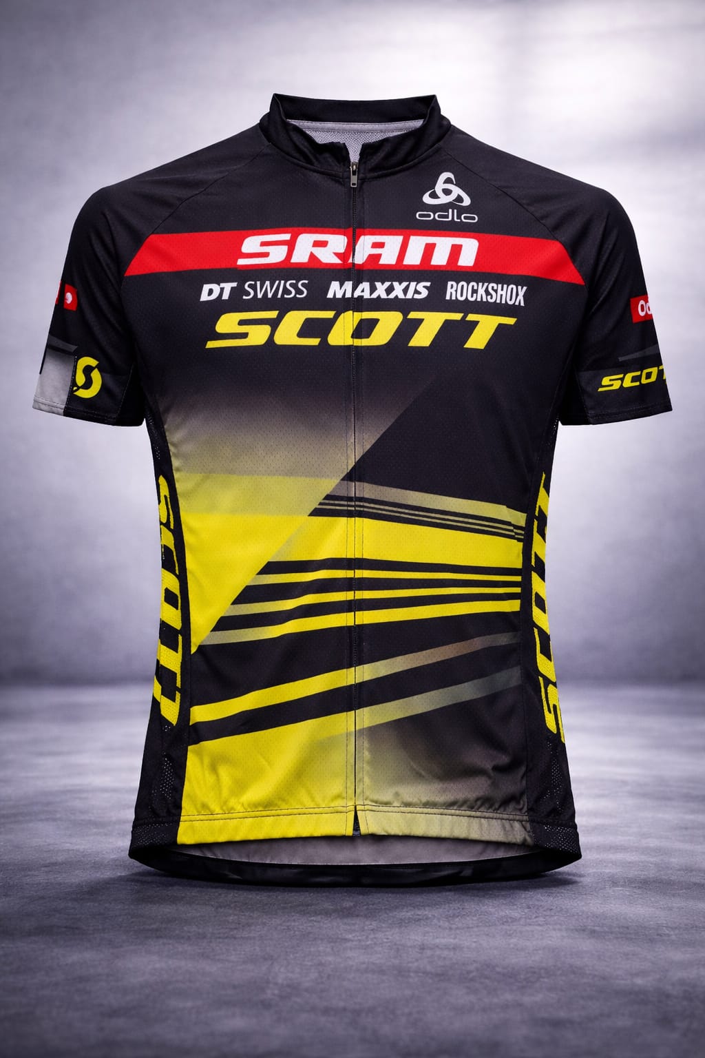 Front view of the black and neon yellow Scott-SRAM Racing Team short sleeve cycling jersey, featuring a full-length zipper and logos for SRAM, RockShox, and Odlo.