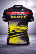 Front view of the black and neon yellow Scott-SRAM Racing Team short sleeve cycling jersey, featuring a full-length zipper and logos for SRAM, RockShox, and Odlo.