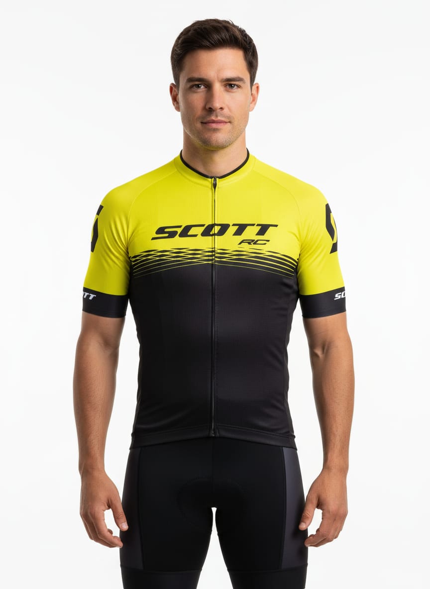 Front view of a male model wearing a short-sleeve Mitchelton-Scott pro cycling jersey, featuring a bright yellow upper chest with a black gradient transitioning into a solid black lower torso.