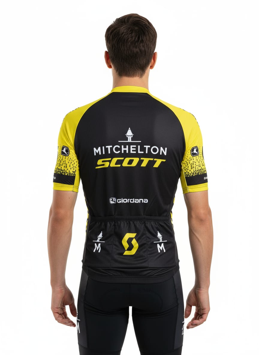 Back view of a male model showing the rear design of the black and yellow Mitchelton-Scott cycling jersey, highlighting the prominent team sponsor logos and three lower utility pockets.