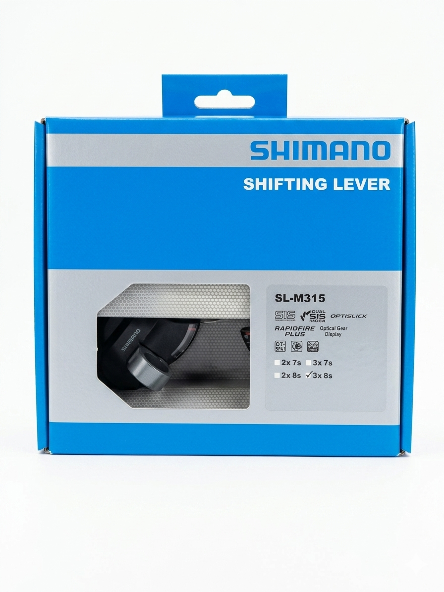 Front view of the standard blue and silver Shimano retail box packaging for the Altus SL-M315 3x8 speed shifting lever pair, highlighting the model ticks and features on the front label.