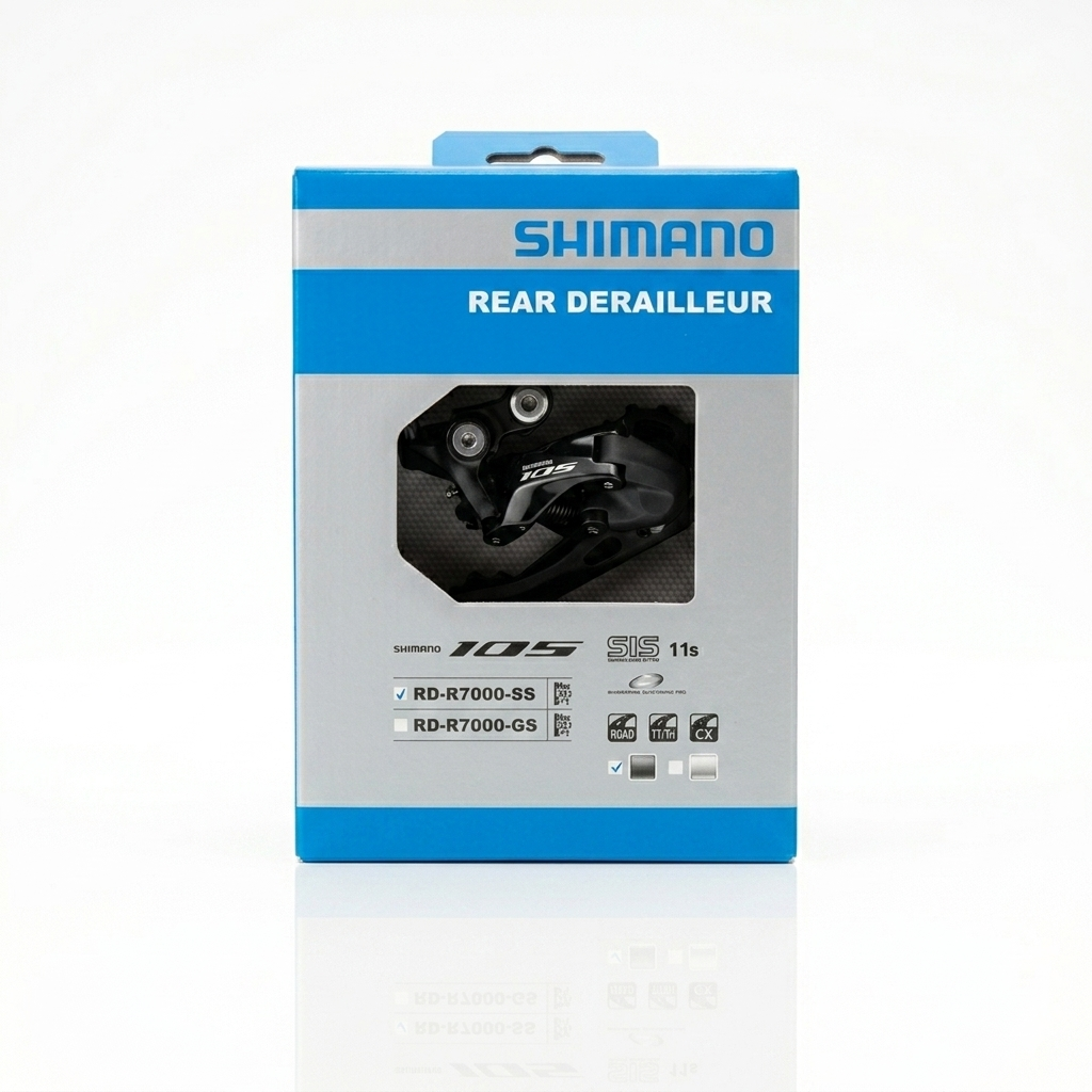 Shimano 105 RD-R7000-SS 11-speed short cage rear derailleur in black finish, packaged in its authentic blue and silver Shimano retail box.