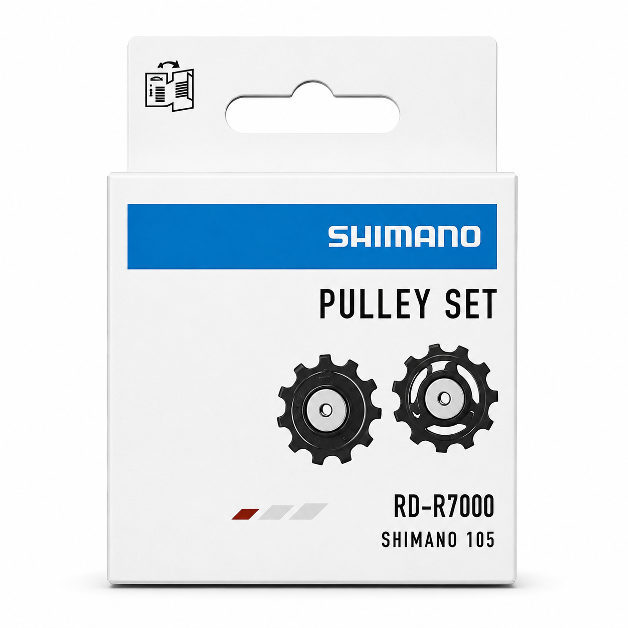 Genuine Shimano 105 RD-R7000 rear derailleur replacement pulley set containing two black jockey wheels, packaged in an authentic white and blue Shimano retail box.