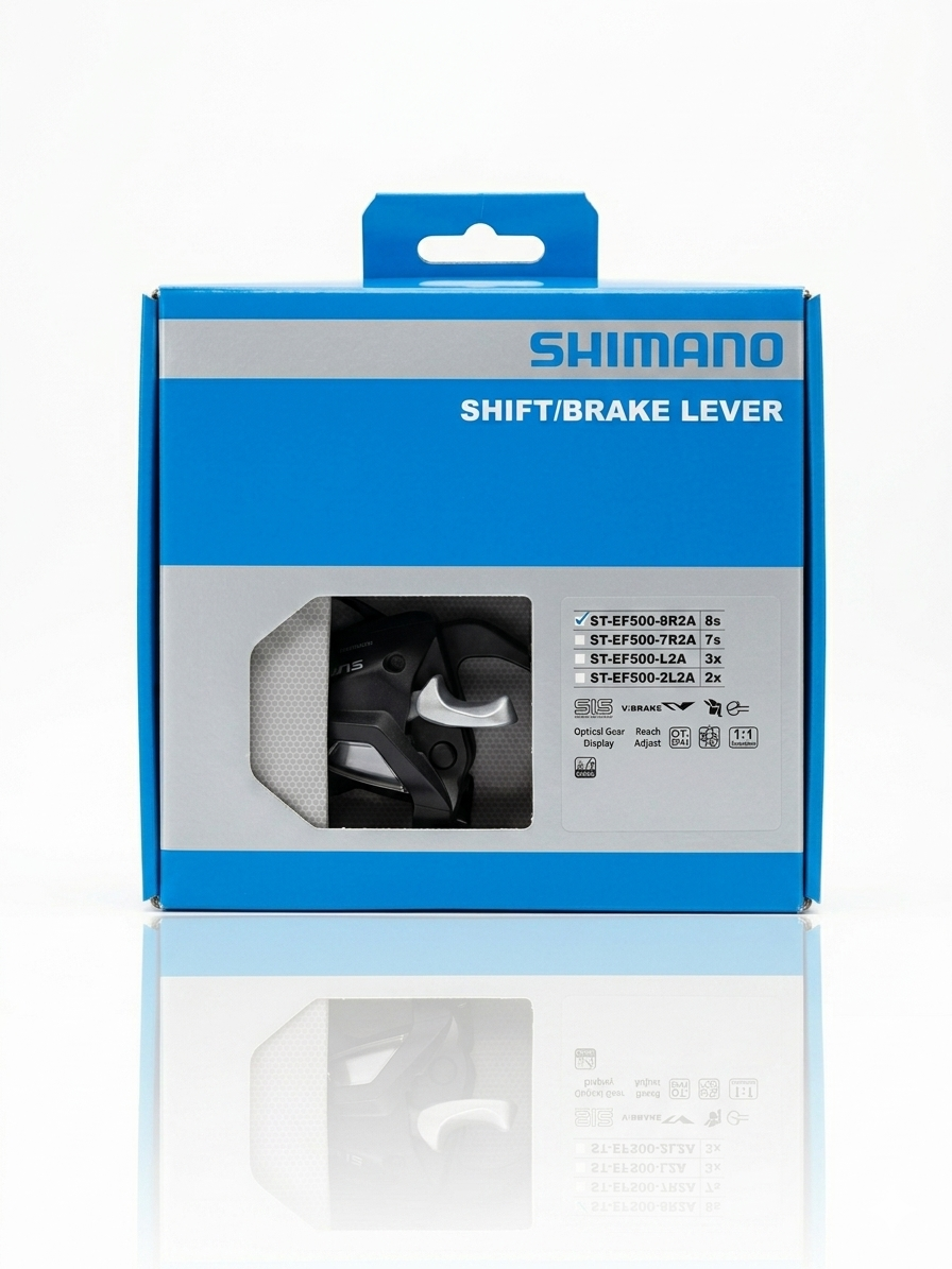 Front view of the blue and silver retail box packaging for the Shimano ST-EF500-8R2A 8-speed right shift and brake lever combo, with the component visible through the display window.