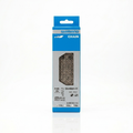 Front view of the vertical blue and silver retail packaging for a Shimano 105 CN-HG601-11 11-speed bicycle chain, showing the steel chain links through a geometric display cutout with a checkmark ticked on the 116L specification.